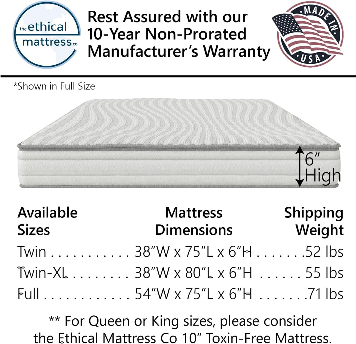 Ethical Mattress CO 6 in Kids Mattress With Organic Cotton, Wool, Latex And Pocketed Coils - Twin Size