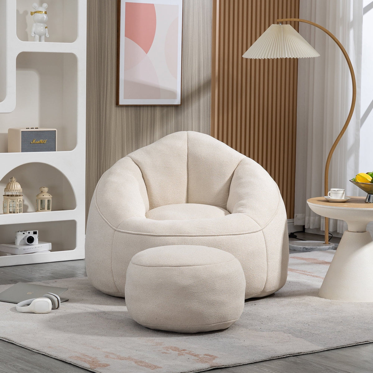 MOONMISS Microfiber Upholstered Round Bean Bag Sofa Chair With Ottoman - Gray