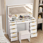 Glass Top Makeup Vanity Desk With Mirror, Lights, 11 Drawers And Bench - White
