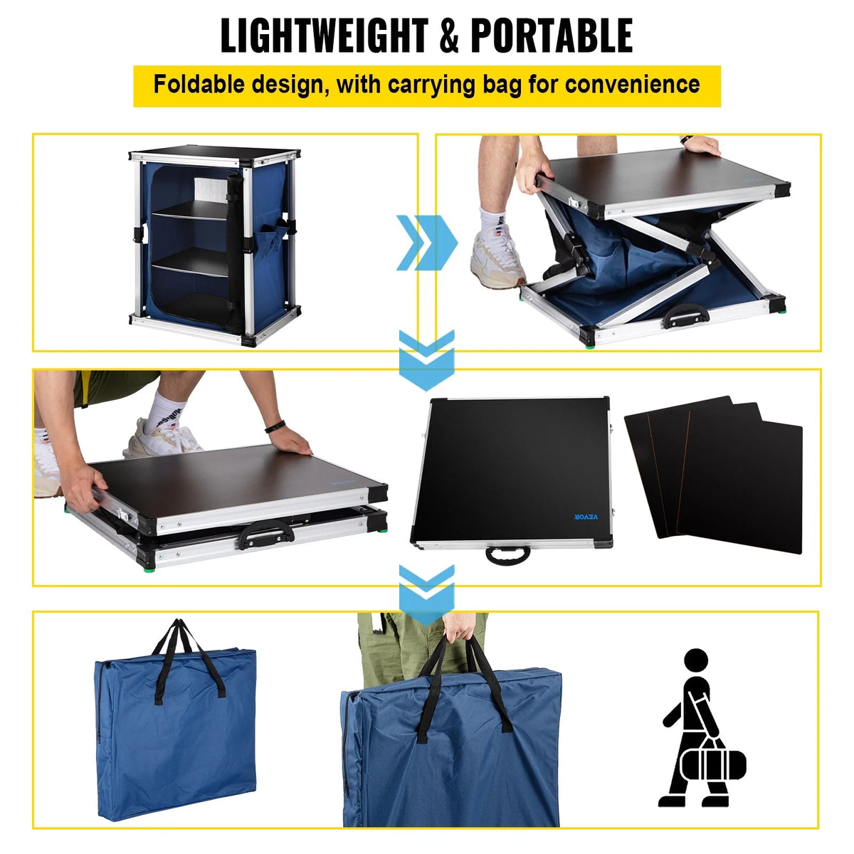 Camping Kitchen Station Aluminum Folding Cook Table, 24.81 x 3.94 x 20.87 Inches, 3-Tier Storage - Blue