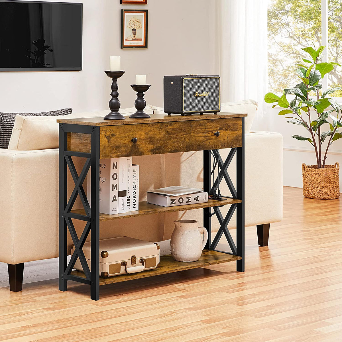 Console Table With Drawer And 3 Tier Storage Shelves
