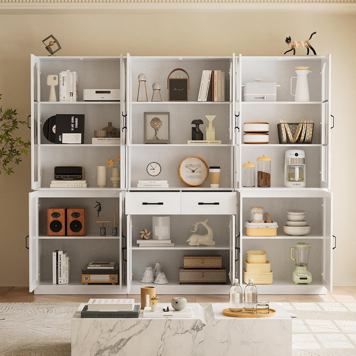 TUSY 71in Tall 6-Tier Bookcase With Glass Door, Drawer, And 23.6in Width - AEA
