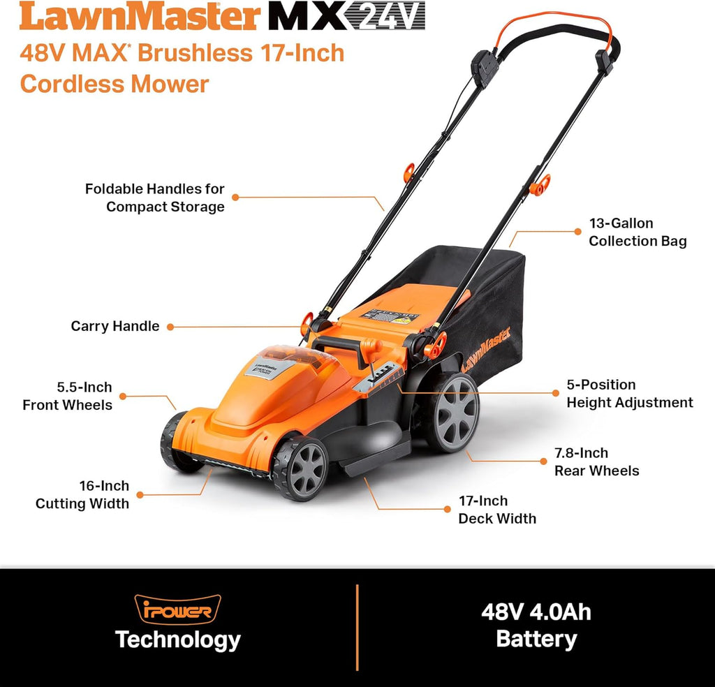 LawnMaster 48V Max Brushless Lawn Mower With 2 x 24V Max 4.0Ah Batteries And Dual Charger - CLMF4817E
