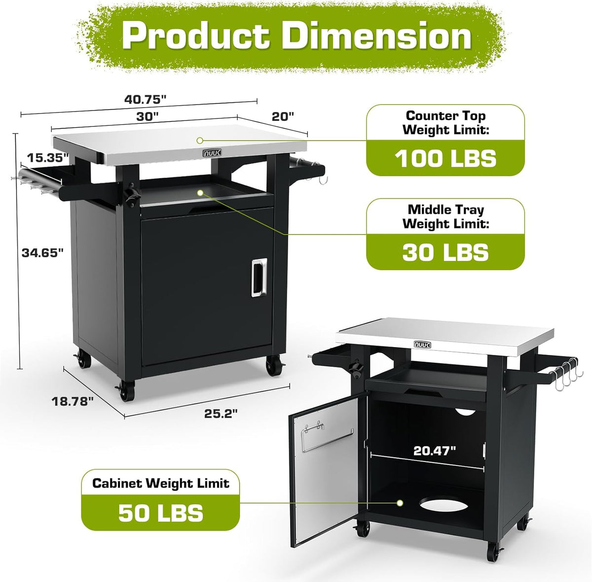 NUUK Outdoor Grill Table With Storage Cabinet, 20in x 30in