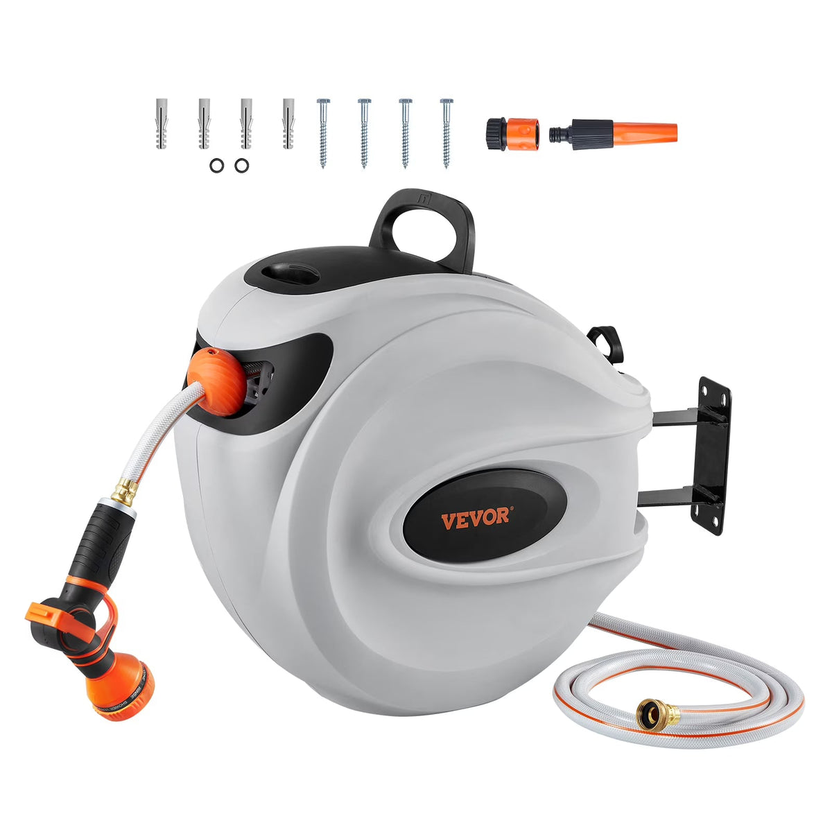 VEVOR Retractable Garden Hose Reel, 100 ft x 1/2 inch, Wall-Mounted With 9-Pattern Nozzle
