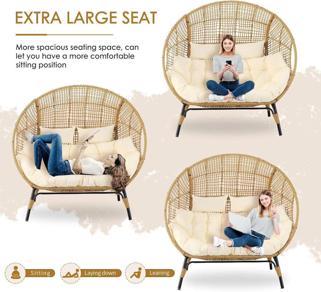 NICESOUL Double Egg Wicker Loveseat Chair, 2 Person, Beige