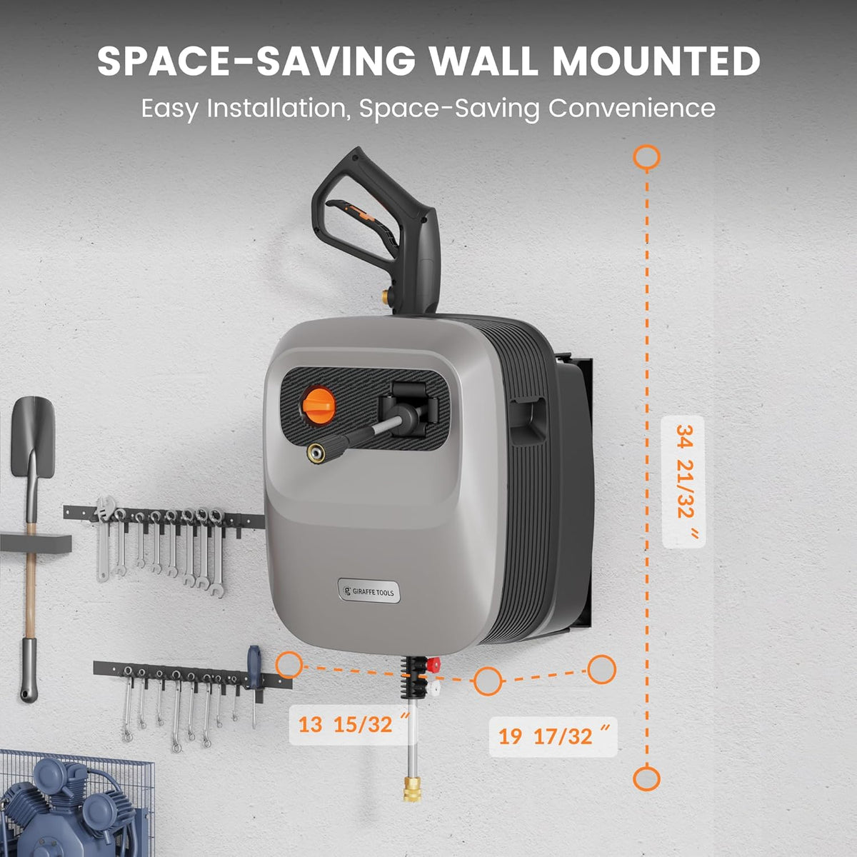 Giraffe Tools Grandfalls Retractable Pressure Washer G20 2500 PSI 2.2 GPM, 65FT Hose Reel, 4 Nozzles - Light Silver Case With Grey Pressure Hoses