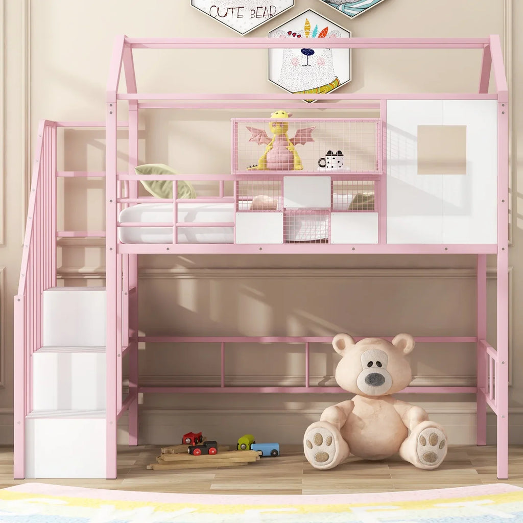 Pink Twin Metal Loft Bed With Roof Design And Storage Box
