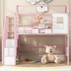 Pink Twin Metal Loft Bed With Roof Design And Storage Box