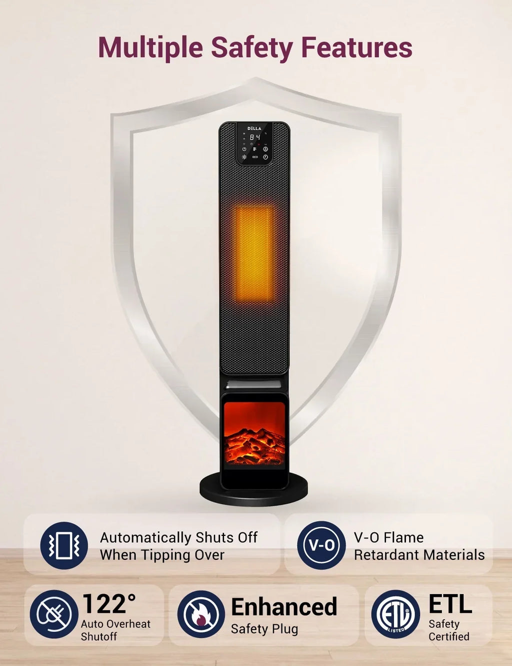 DELLA 26 in 1500W PTC Ceramic Tower Space Heater With 3D Flame, Black