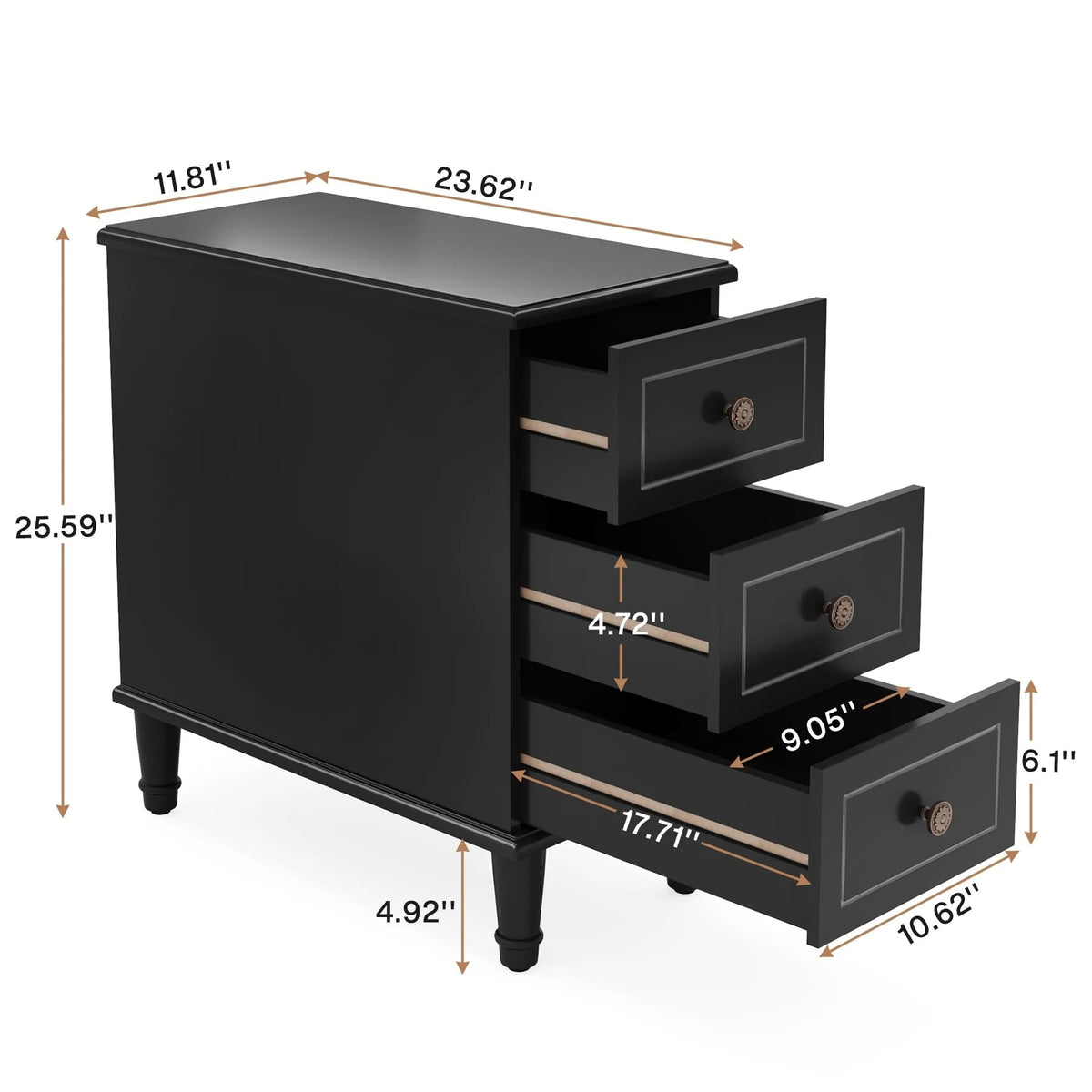 Solid Wood Narrow End Table With 3 Drawers - Fully Assembled