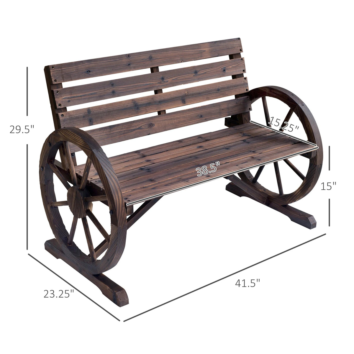 Outsunny Wooden Wagon Wheel Bench, 2-Person, Fir Wood, Carbonized, 41.5in L x 23.25in W x 29.5in H - 84B-183