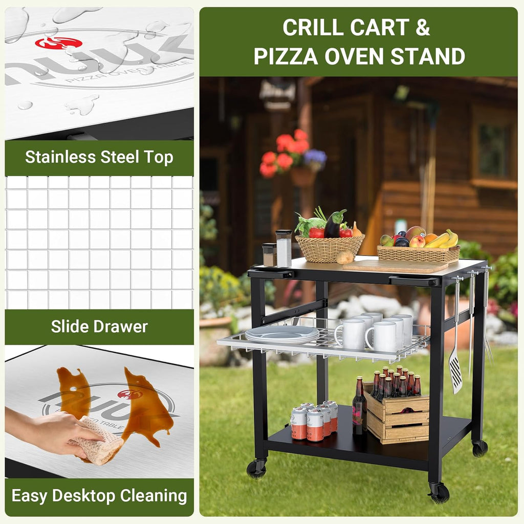 NUUK Pizza Oven Grill Cart 30x24 in With Stainless Steel Top And Sliding Drawer - White-SS-30x24W-Drw