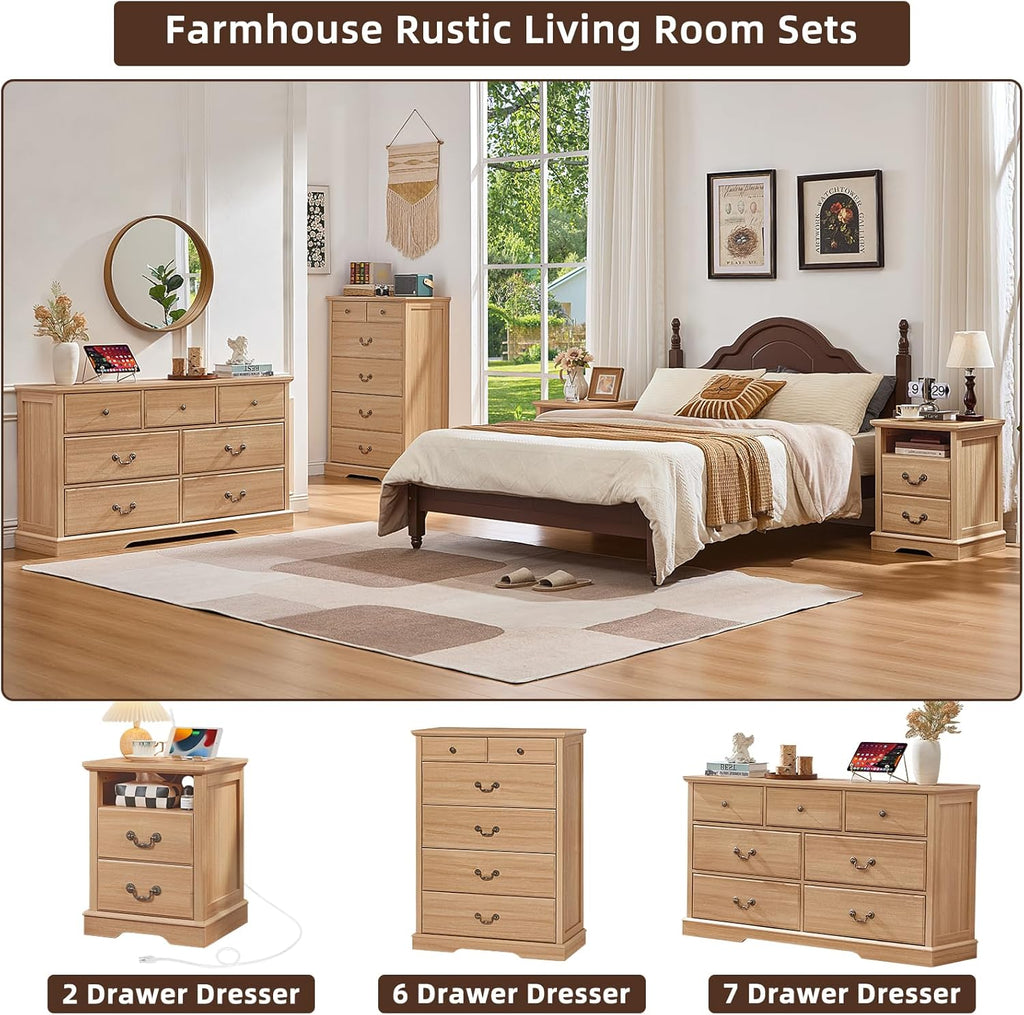 Farmhouse 6-Drawer Wood Dresser, Natural, 31.5 x 15.5 x 47 Inch