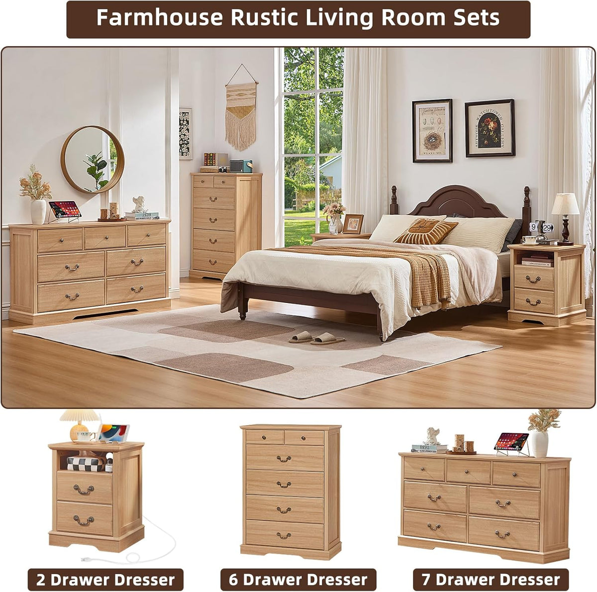 Farmhouse 6-Drawer Wood Dresser, Natural, 31.5 x 15.5 x 47 Inch
