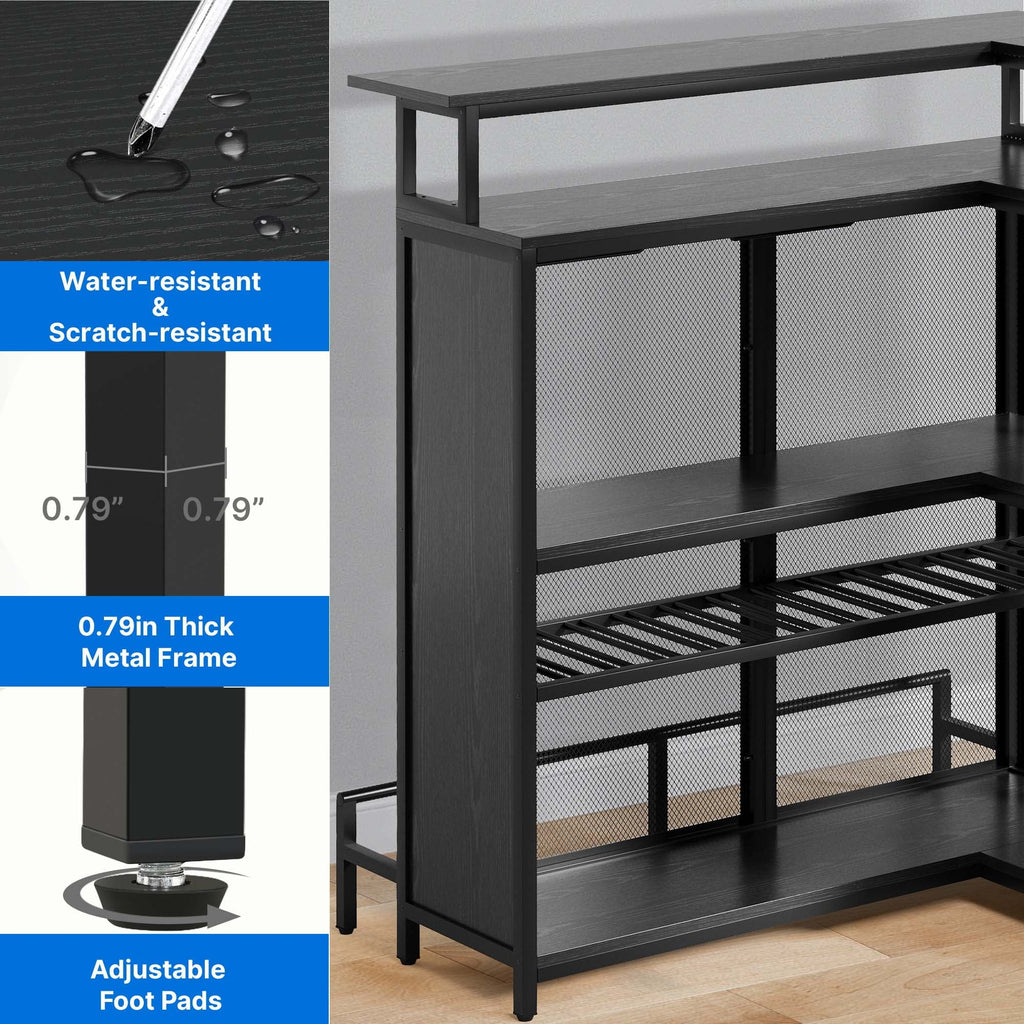 Dextrus 5 Tier Home Bar Unit With 43in Wine Cabinet, LED Lights, Wine Rack And Footrest - Black
