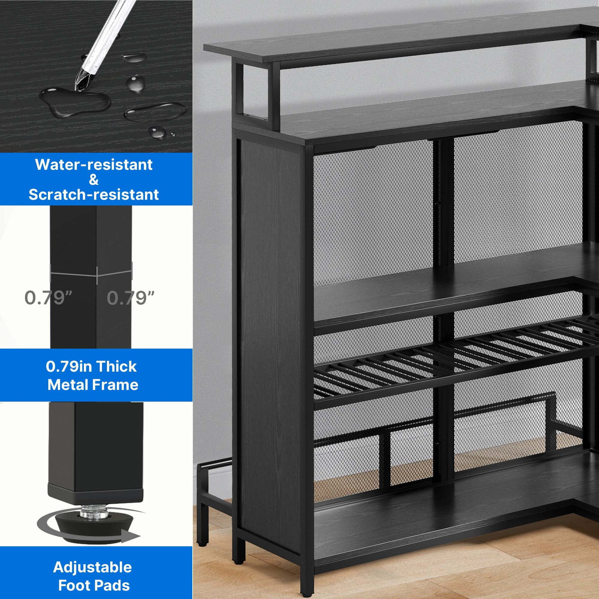 Dextrus 5 Tier Home Bar Unit With 43in Wine Cabinet, LED Lights, Wine Rack And Footrest - Black