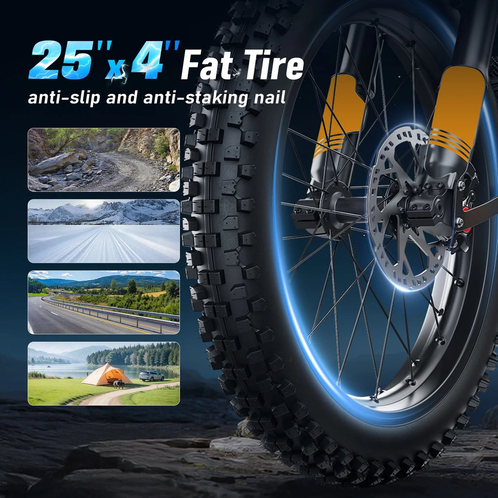 Arkveld Adult Electric Fat Tire Bike, 3000W, 40 MPH, 80 Miles, 25 inch, White - APEX1