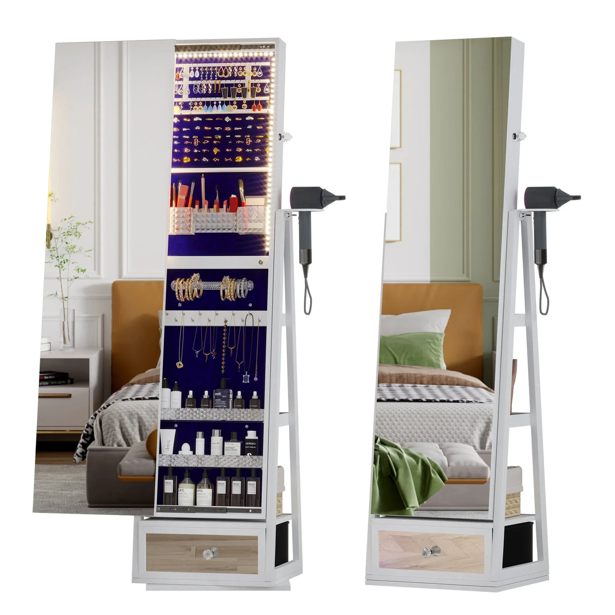 LVSOMT 360 Swivel Jewelry Cabinet With Lights, 53.5 x 14.5 in Full-Length Mirror, White