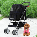 Foldable Dog And Cat Pet Stroller With Storage Basket, Removable Liner And 4 Wheels - Black