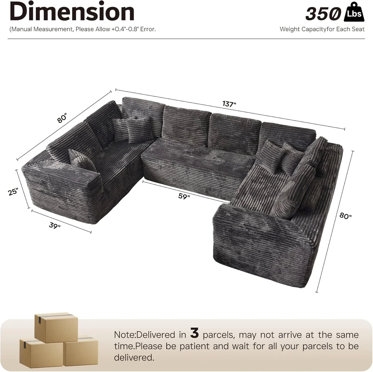ovios 104in L-Shape Sectional Sofa With Chaise, Grey Plush Corduroy Fabric