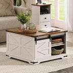 HOOBRO Farmhouse Lift-Top Coffee Table With Sliding Barn Door, White And Walnut, 31.3in L x 31.5in W x 19.7in H - WH80KF01