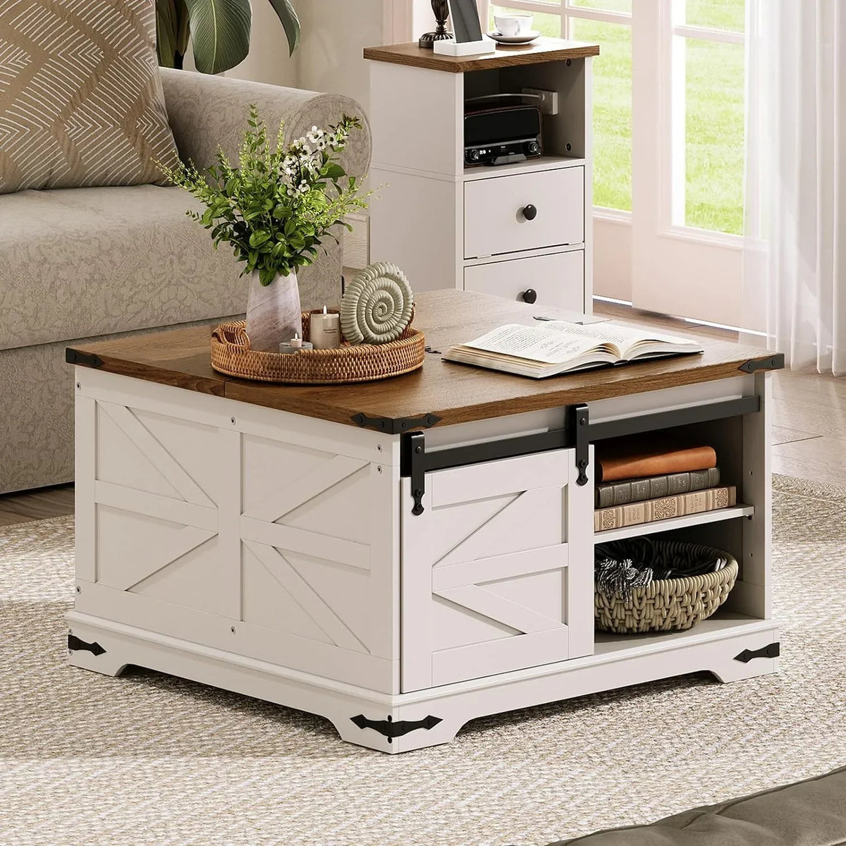 HOOBRO Farmhouse Lift-Top Coffee Table With Sliding Barn Door, White And Walnut, 31.3in L x 31.5in W x 19.7in H - WH80KF01