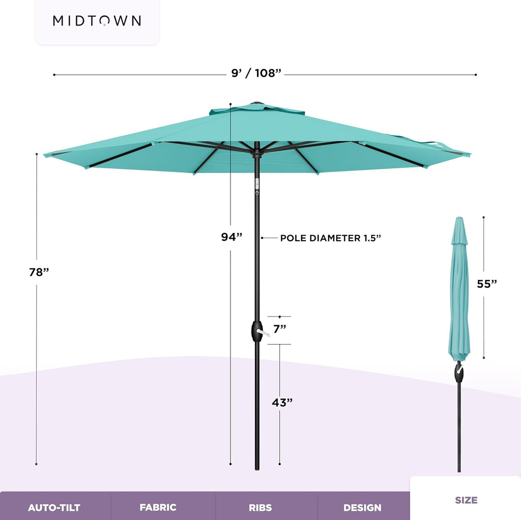Midtown Umbrellas 9 Ft Patio Umbrella With Sunbrella Fabric, Aruba Canopy, Black Pole, Aluminum Frame And 8 Reinforced Ribs - The Lean