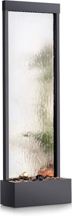 Alpine Corporation Wall-Mounted Mirror Waterfall Fountain With Stones And LED Lights, 24in L x 10in W x 72in H, Silver