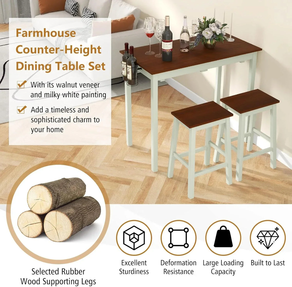 3-Piece Counter Height Bar Table Set With 2 Stools And 2 Wine Holders - Cream White & Walnut