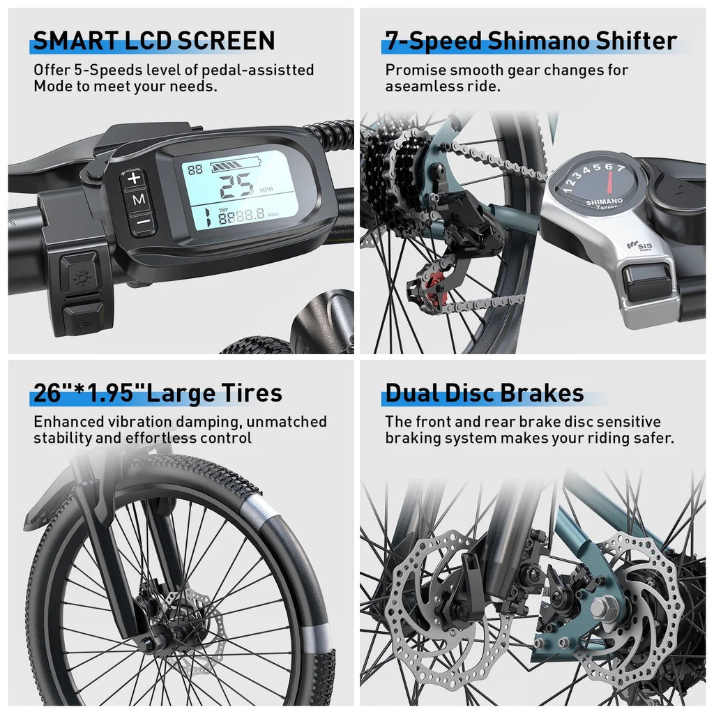 26 in Adult Electric Bike, 400W Motor, 25 MPH Top Speed, 40 Miles Range