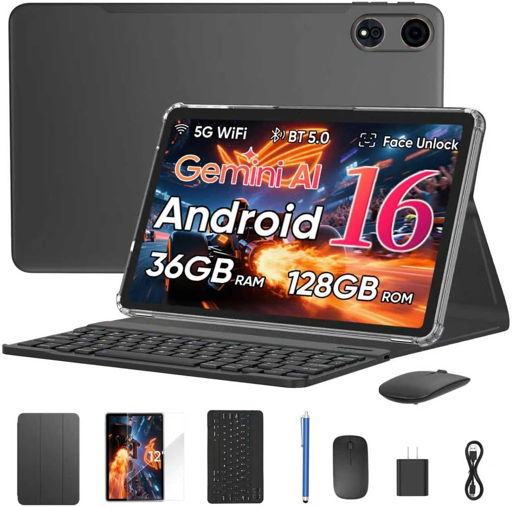 12 Inch Android 16 2-in-1 Tablet, 36GB RAM, 128GB Storage With Keyboard Case - E50