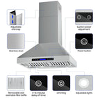 EKON KITCHEN EXPERT 36 Inches Stainless Steel Convertible Wall Mount Range Hood With Charcoal Filter And Remote Control - NAP04-36