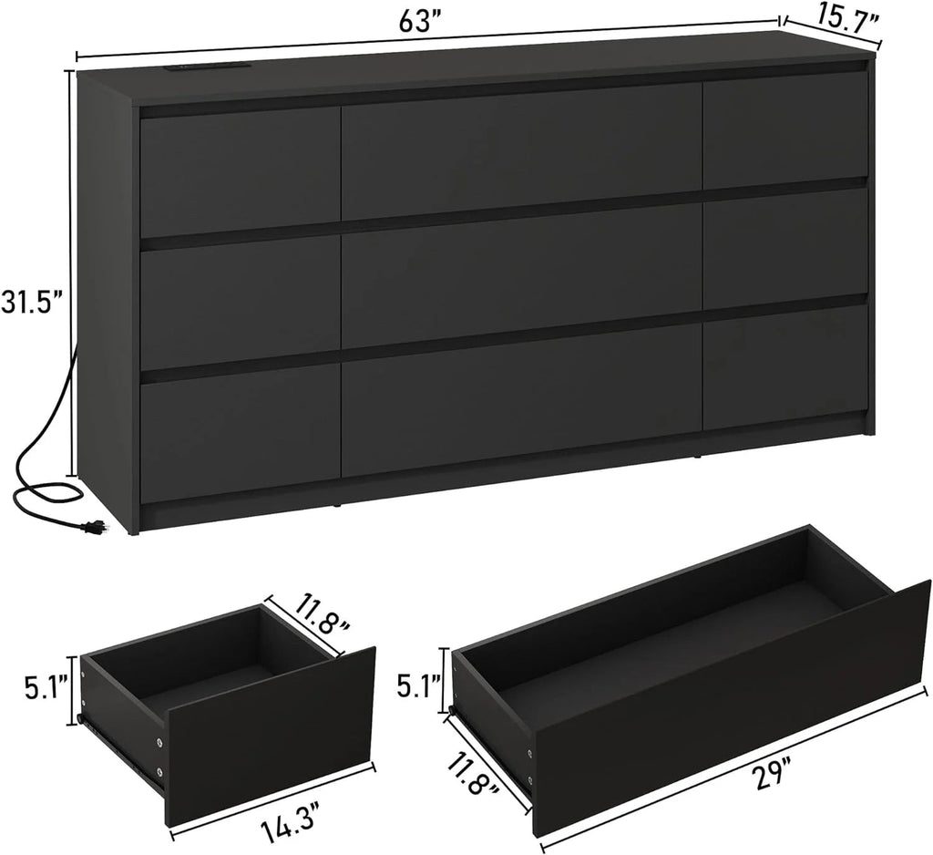 ChVans 9-Drawer Dresser With Charging Station, Black, 63in x 15.7in x 31.5in