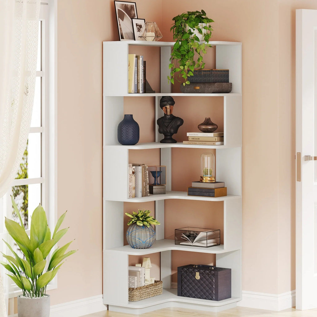 6-Tier Corner Bookshelf, 64.9 Inch Tall, Freestanding Wood Industrial Bookcase