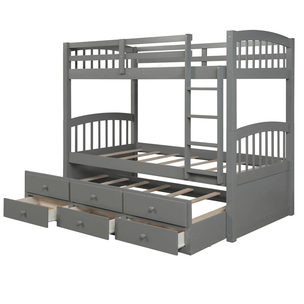 Twin-Over-Twin Bunk Bed With Trundle, Ladder, Safety Rail, 3 Drawers, Plywood, MDF and Pinewood - Gray
