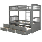 Twin-Over-Twin Bunk Bed With Trundle, Ladder, Safety Rail, 3 Drawers, Plywood, MDF and Pinewood - Gray