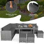 7-Piece Rattan Patio Dining Set With 3 Corner Chairs, 3 Ottomans And Table