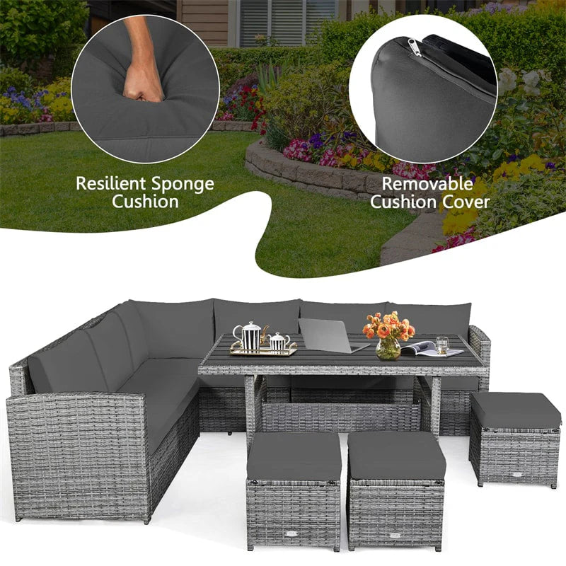 7-Piece Rattan Patio Dining Set With 3 Corner Chairs, 3 Ottomans And Table