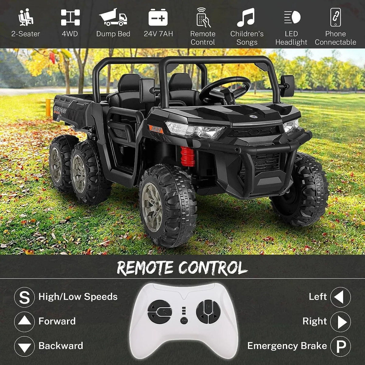 24V 6-Wheel UTV Ride-On With Dump Bed And 4WD Power