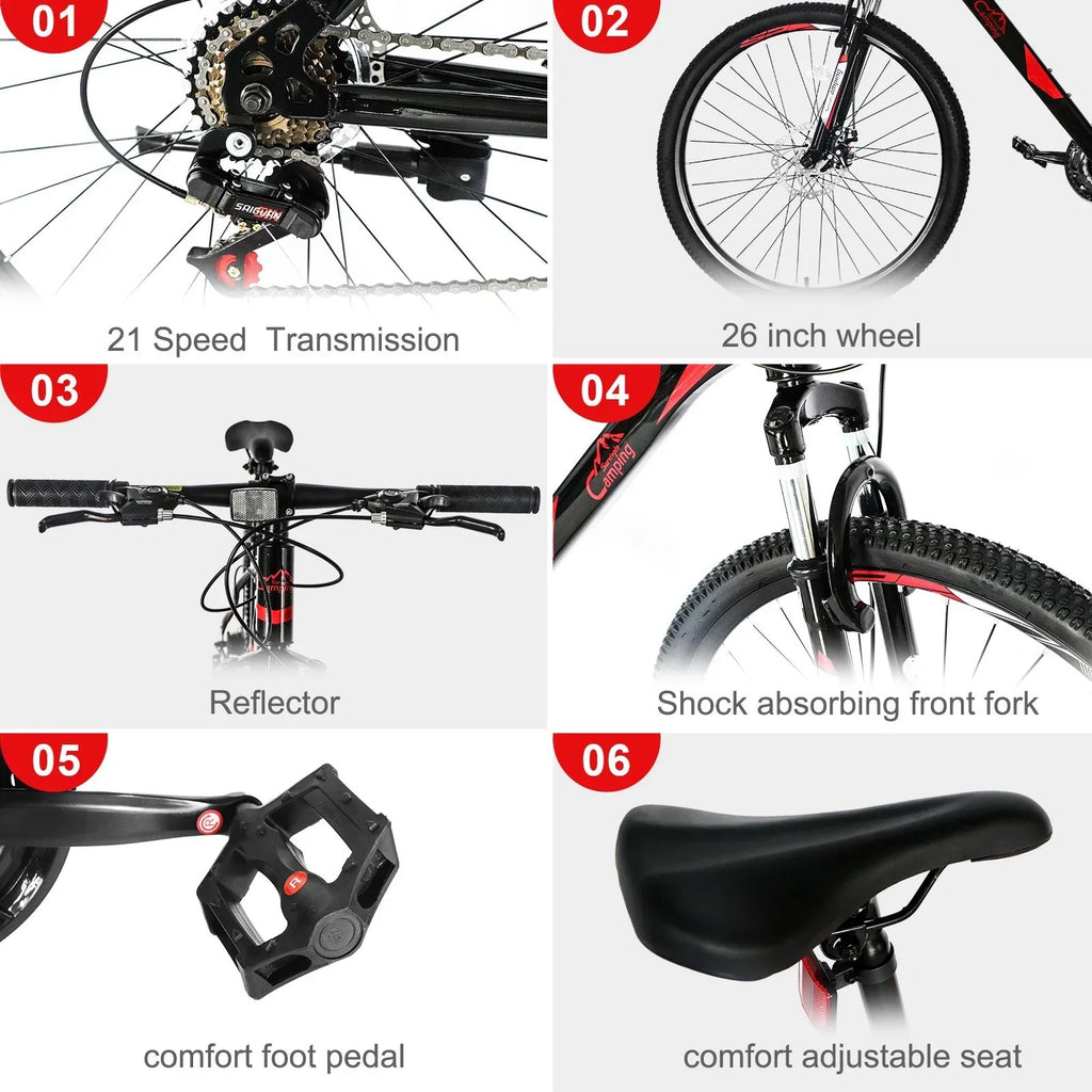 CamPingSurvivals 26 in Lightweight Explorer Mountain Bike, 21-Speed, Red/Black