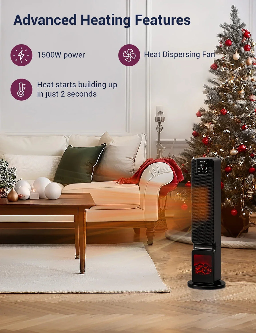 DELLA 26 in 1500W PTC Ceramic Tower Space Heater With 3D Flame, Black