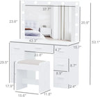 Vanity Desk Set With 11 LED Lighted Mirror, Stool, 3 Color Lighting, White, 15.7 inch, 43.3 inch, 53.1 inch