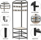 DONFU Corner Hall Tree With Shoe Bench, 10 Movable Metal Hooks, Greige