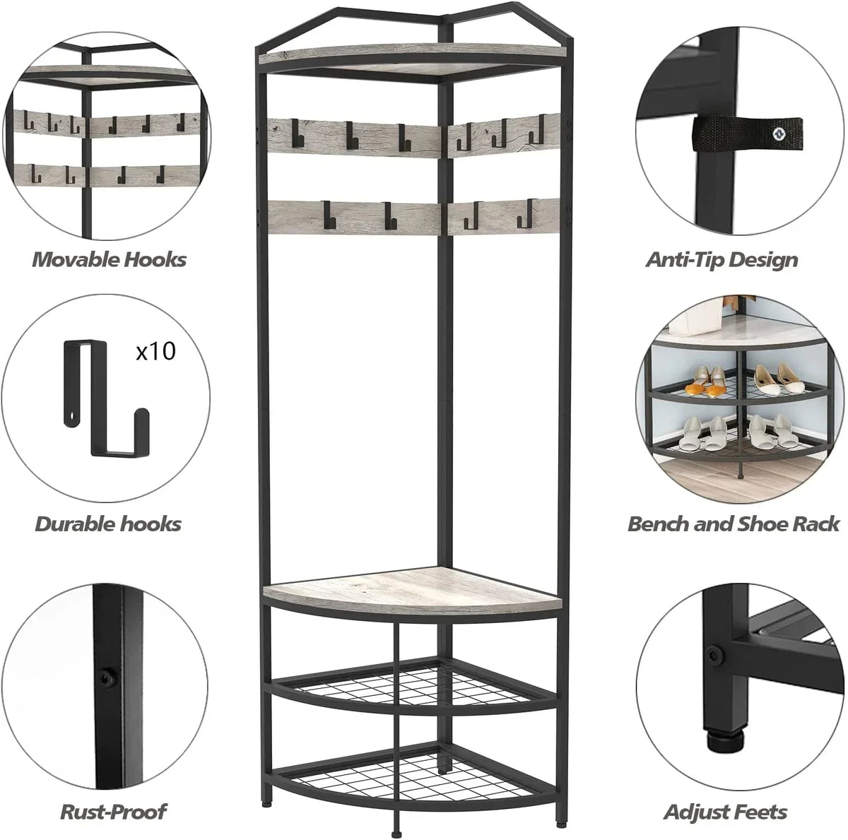 DONFU Corner Hall Tree With Shoe Bench, 10 Movable Metal Hooks, Greige