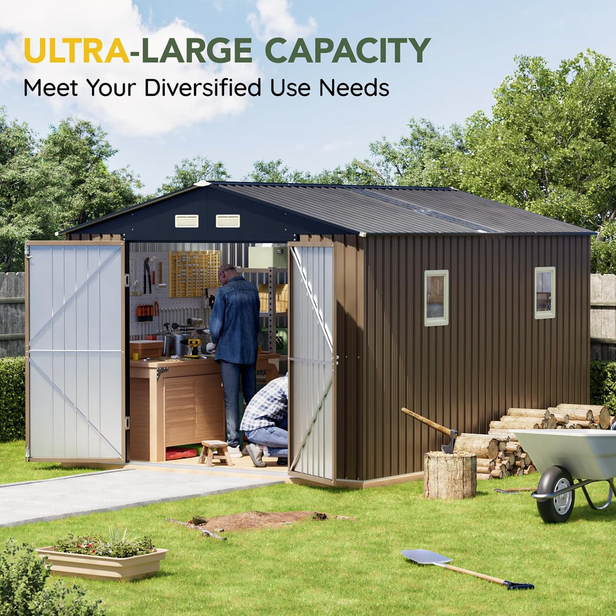 Breezz Outdoor Metal Storage Shed 10 x 12ft Brown - Lockable Doors And Windows