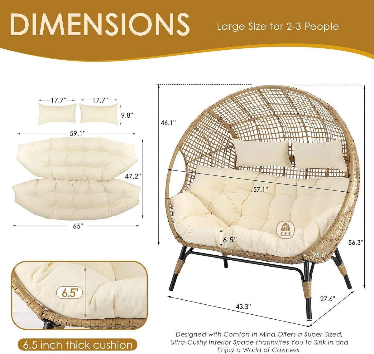 NICESOUL Double Egg Wicker Loveseat Chair, 2 Person, Beige