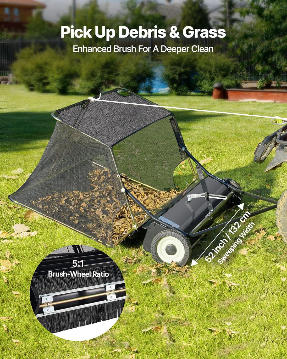 VEVOR Tow-Behind Lawn Sweeper, 52 in, 26 cu.ft.