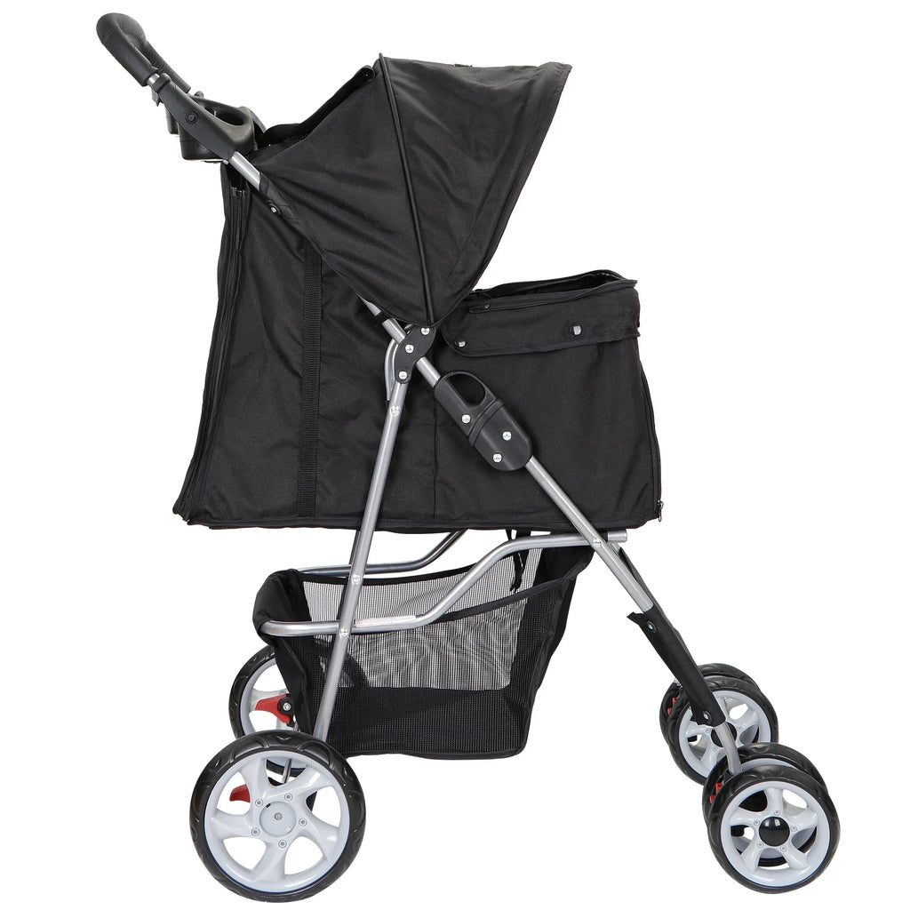 HomGarden 4 Wheel Foldable Pet Stroller Carrier Cart With Storage Basket And Cup Holder - Black