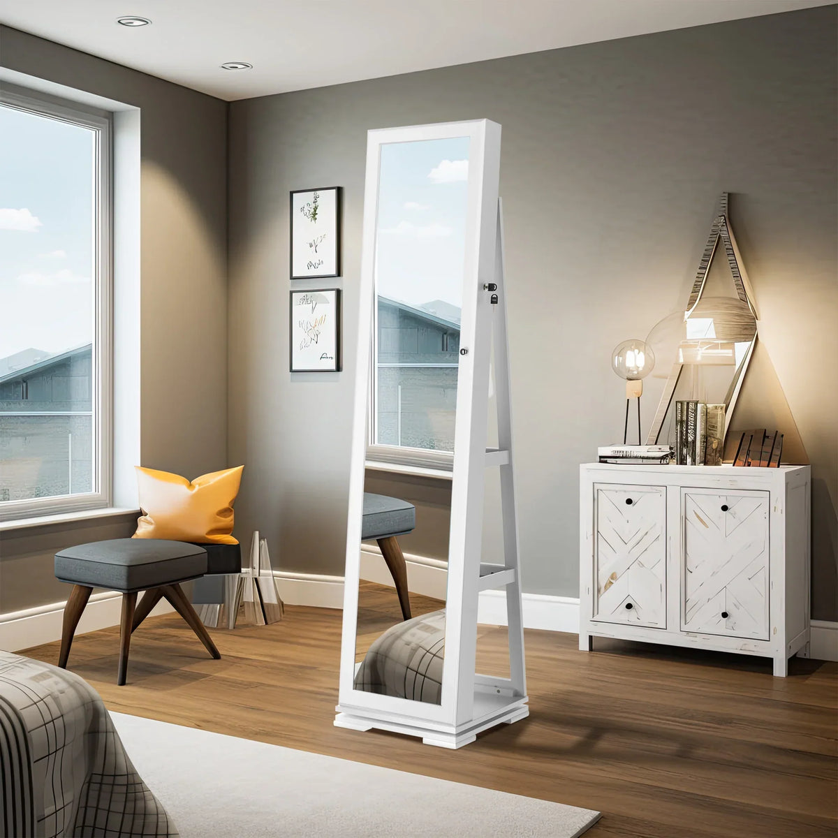 Dextrus Rotating Jewelry Armoire With Full Length Mirror, White